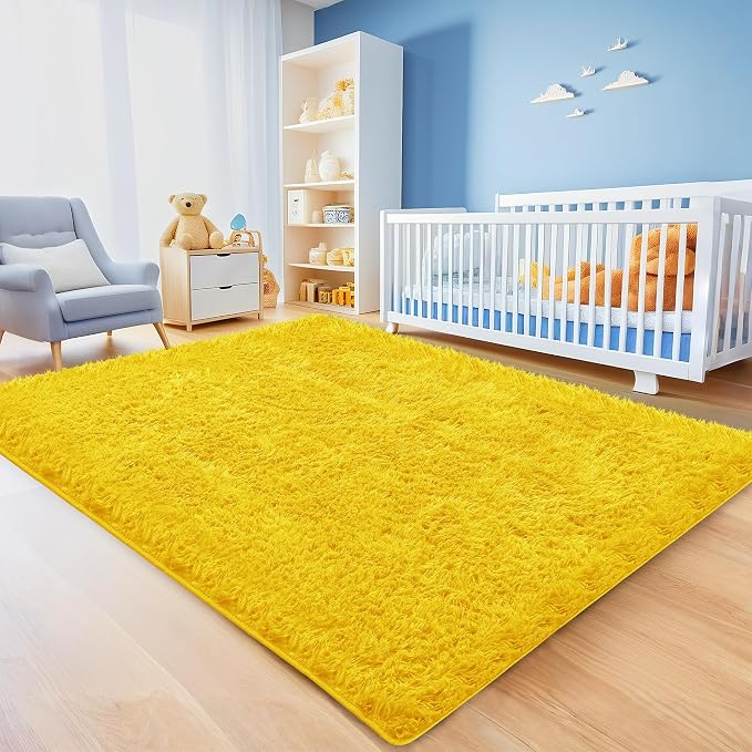 8x10 Yellow Fluffy Shag Area Rugs for Living Room Bedroom Nursery | Ultra Soft Comfy, Large Fuzzy Shaggy Plush Carpet for Nursery Girls Teen Dorm, Modern Indoor Home Decor, Upgrade Non-Slip