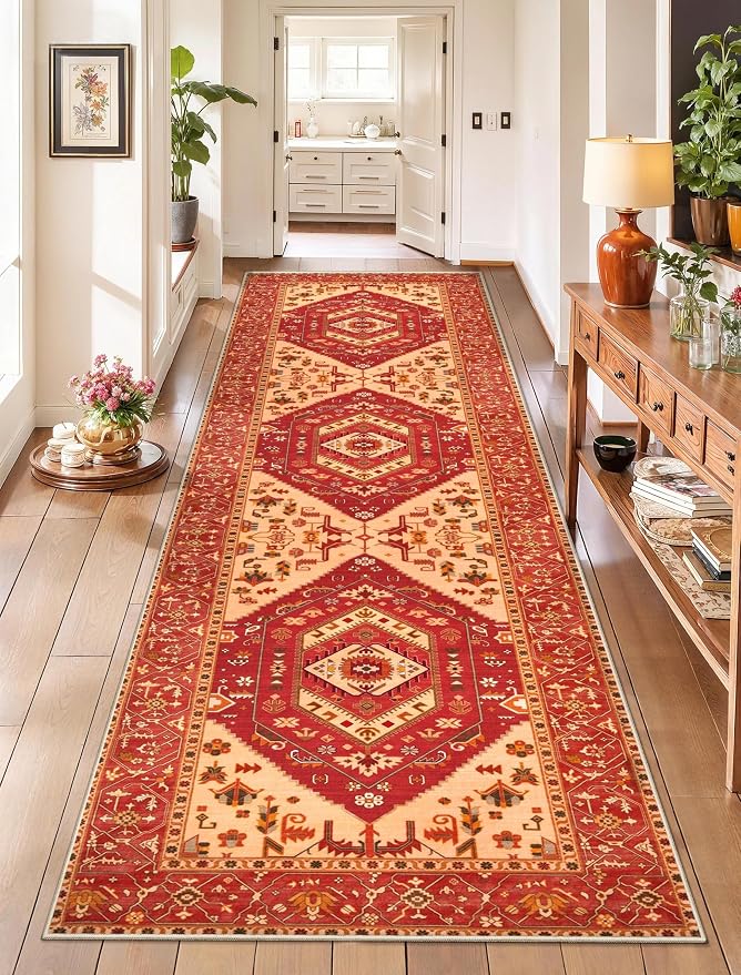 SERISSA Runner Rug for Hallways, 2'6"x8' Washable Non Slip Kitchen Runner Rug, Long Boho Rug Vintage Red Hallway Stair Ultra Soft Print Floor Carpet for Bedroom Bathroom Laundry Room