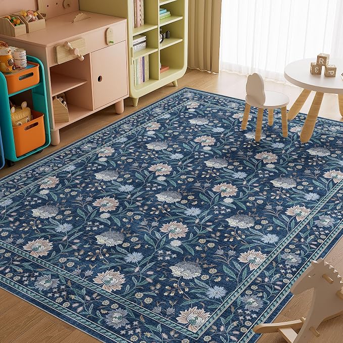 DUKINO 8x10 Area Rug Vintage Floral Washable Rug for Living Room, Dark Blue | Non Slip, Low Pile, Non-Shedding, Stain Resistant Boho Soft Indoor Large Carpet for Bedroom Dining Room Farmhouse, Home Decor
