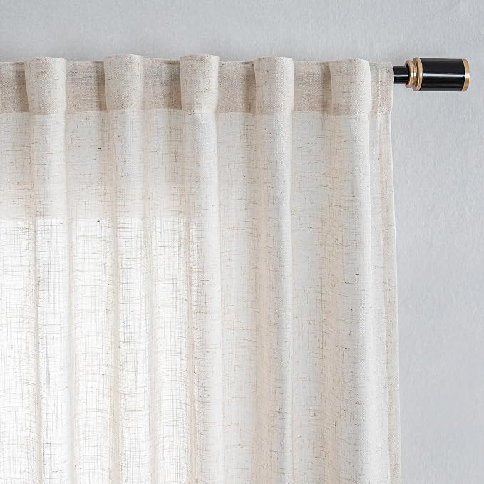 MYSKY HOME Linen Curtains 95 Inches Long for Sliding Glass Door, Farmhouse Semi Sheer Ceiling Curtains Living Room Light Filtering Back Tab Elegant Style Soft Fabric, 100" x 95", Linen, 1 Panel