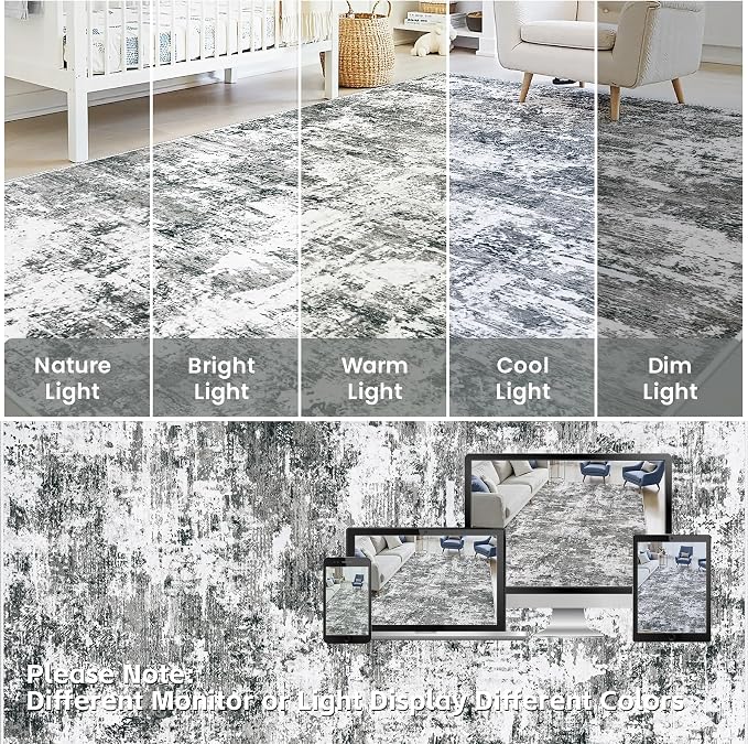 8x10 Area Rugs Living Room Rug Modern Abstract Neutral Washable Rugs Non Slip Soft Carpet Large Area Rug Low Pile Stain Resistant Non Shedding for Bedroom Nursery Dining Room Home Office Gray