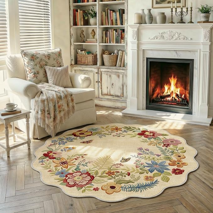 FMFUNCTEX 4ft Round Washable Beige Floral Scalloped Area Rug for Entryway | Rug Vintage Non Slip Flower Colorful Traditional Boho Cream Small Circle Soft Low Pile Neutral Mat Bedroom Bedside Nursery