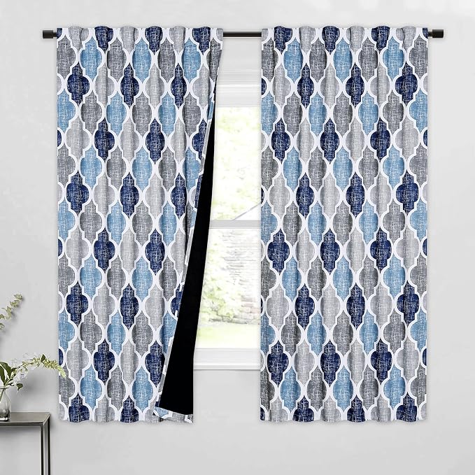 Beauoop Moroccan 100% Blackout Curtains Bedroom Blue Grey 50x63 2 Panels | Geometric Room Darkening Drapes for Living Room 63 Inch Long Thermal Insulated Soundproof Lattice Window Treatment Rod Pocket