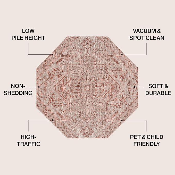 JONATHAN Y Boho Medallion Indoor Outdoor Octagon Area Rug 8 Ft Red/Taupe, Estrella Textured Weave for Backyard, Patio, Porch, Easy-Cleaning, High Traffic, Pet-Friendly, Non-Shedding (SMB105A-8TGN)