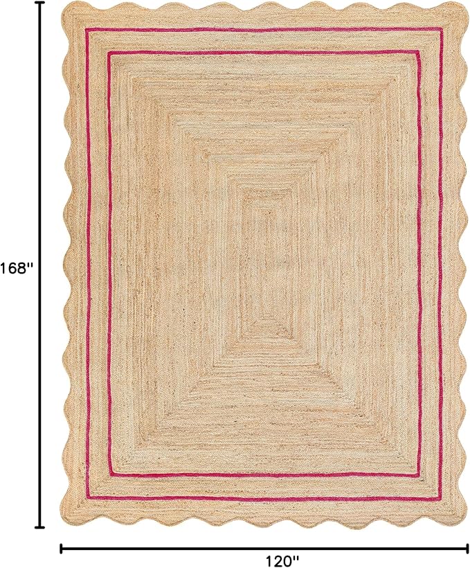 Wave Scalloped Natural Jute Rug Boho Jute Rug Entryway Runner Rug Farmhouse Scallop Rug, Dark Pink (10'x14')