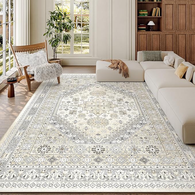 zesthome 6x9 Area Rug, Super Soft Washable Rugs for Living Room, Non-Slip Stain Resistant Vintage Rugs, Ultra-Thin Large Area Rugs (Beige,6'x9')