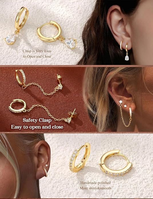 Incaton Hypoallergenic Flat Back Earrings for Women 14K Gold Stainless Steel Earrings for Sensitive Ears 20G Cartilage Earring Stacks Huggie Hoops Flatback Stud Earring Sets for Multiple Piercing Silver