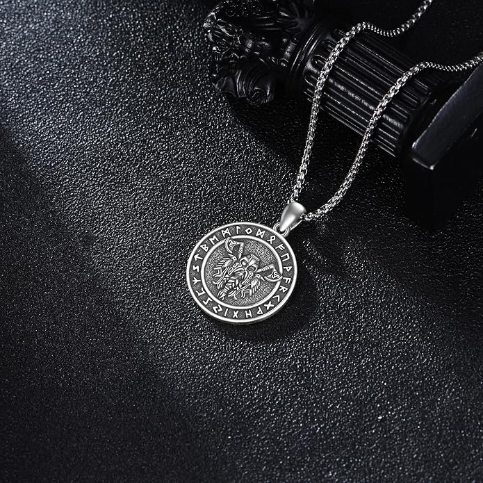 Viking Odin Necklace for Men 925 Sterling Silver Norse Odin Pendant Viking Runes Amulet Necklace Pagan Jewelry Gifts for Husband
