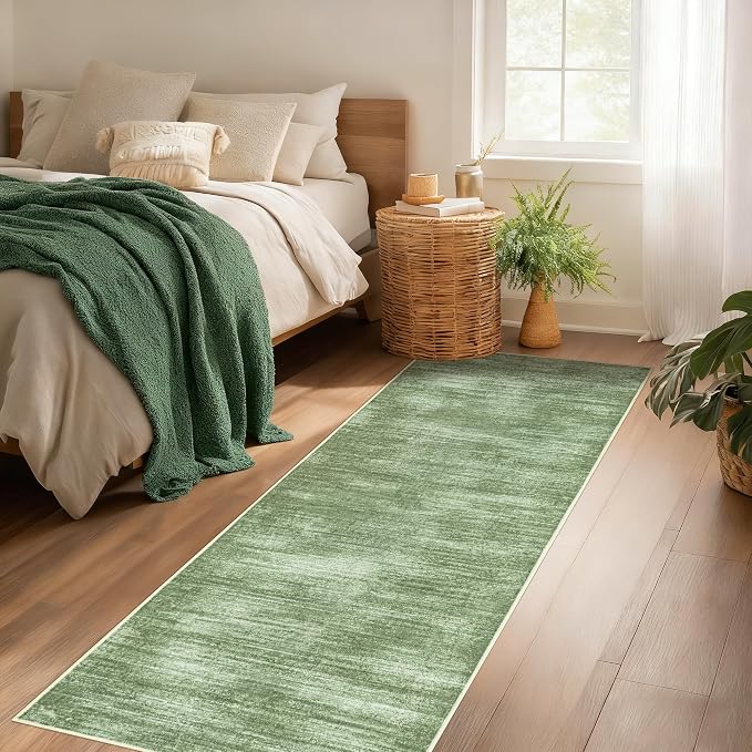 Kitchen Runner Rugs Non Skid Washable Olive Green Low Pile Neutral Rug 3x8 | for Hallways Bedroom Laundry Room, Abstract Minimalist Boho, Low Pile Floor Protector Carpet, Hunter Green, with Foldable