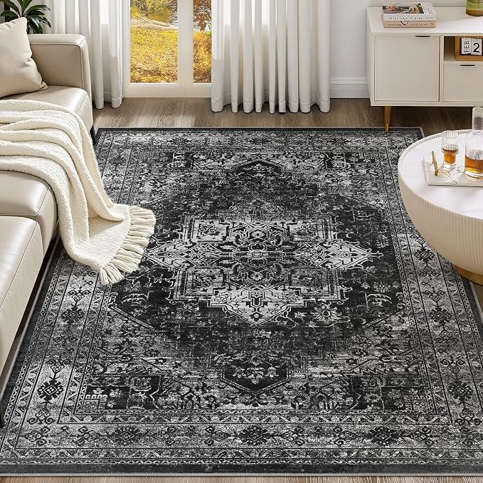 UERMEI 6x9 Area Rug Living Room Rugs - Washable Vintage Soft Large Rug Indoor Floor No Slip Rug Carpet for Bedroom Farmhouse Under Dining Table Home Office Decor - Black