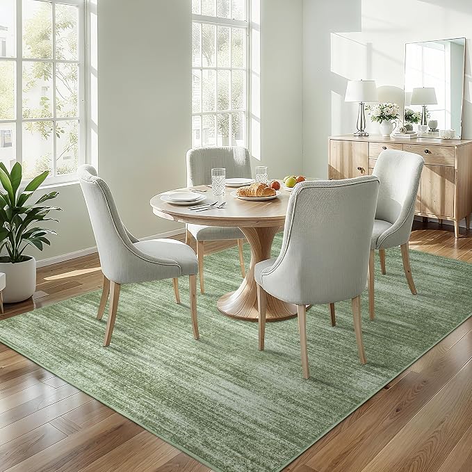 Dark Green Rug 5x7 for Dining Room Under Table Neutral Washable Area Rugs | Low Pile Non Slip Floor Carpet, for Dorm Bedroom Office, Olive Green, Aesthetic Abstract, Foldable Rubber Backing, 5 By 7