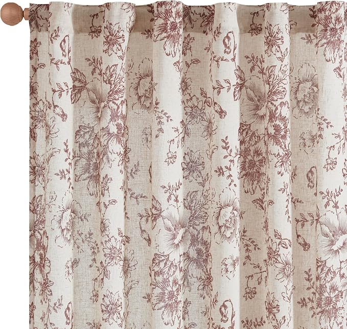 jinchan Red Floral Linen Curtains 54 Inch Vintage Back Tab 2 Panels | Light filtering drapes, semi sheer, farmhouse, cottagecore, rustic, living room, bedroom, rod pocket, window treatment