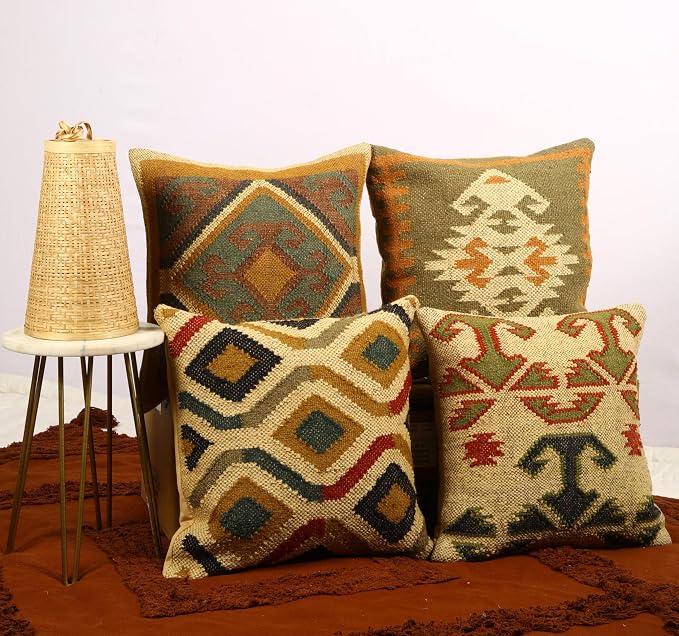Trade Star Set of 4 Kilim Pillow Covers Handmade Jute Wool Cushion Covers Boho Tribal Geometric Throw Pillow Cases Vintage Ethnic Decorative Sofa Couch Farmhouse Home Decor 18x18 Inch