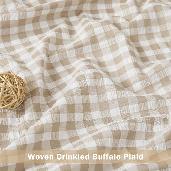 ZJDECOR Khaki White Plaid Ruffle Window Curtains 95 Inches Long for Bedroom | Crinkled Not-See-Through Sheer Panels,Gingham Rustic Drapes,Living Room,Cottage Window Treatment,Rod Pocket,40"Wx95"Lx2