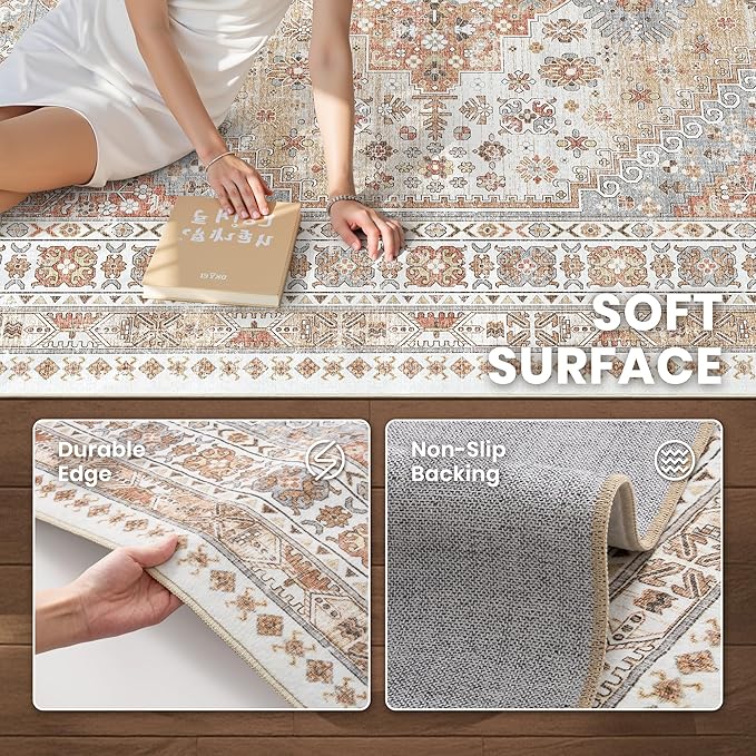 zesthome 2x4 Washable Rug Runner for Bathroom, Soft Entryway Rug for Laundry Room, Kitchen, Vintage Abstract Hallway Runner for Bedroom, Anti-Slip Door Mat Indoor Entrance(Orange,2'x4')
