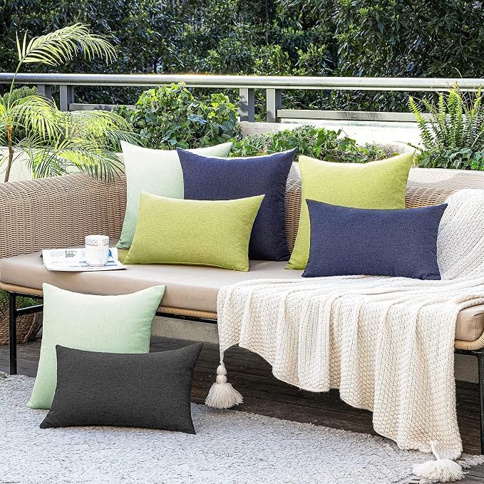 MIULEE Pack of 2 Decorative Outdoor Solid Waterproof Throw Pillow Covers Faux Linen Garden Farmhouse Cushion Cases for Halloween Tent Balcony Couch Sofa 20x12 Inch Black