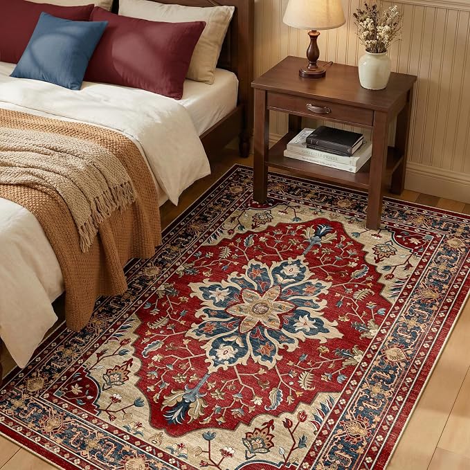 RELEANY Area Rugs 3'x5' Washable Non-Slip, Floral Vintage Distress Medallion Carpet for Living Room Bedroom Dining Room, Red Blue