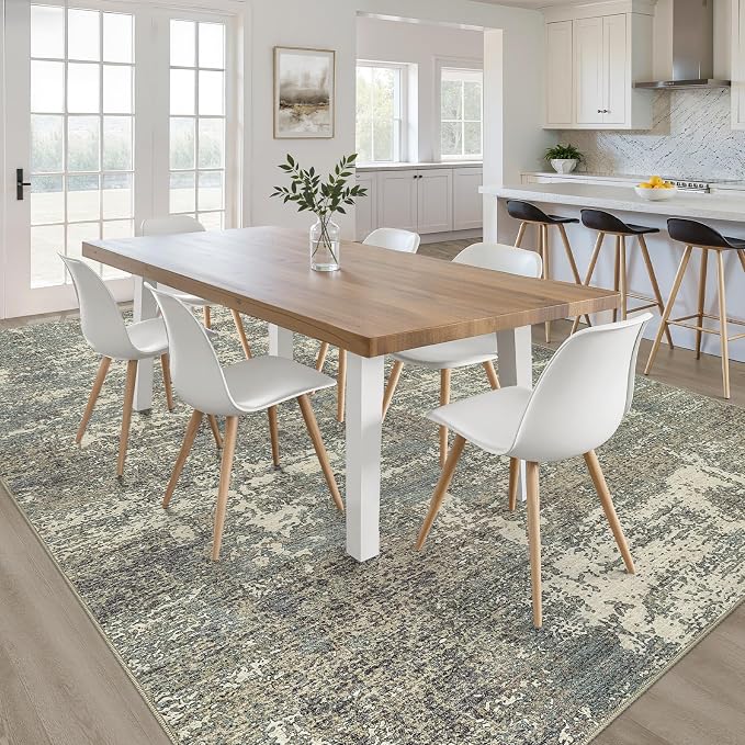 7x9 Area Rug Living Room: Washable Large Neutral Rug Abstract Soft Modern Stain Resistant Indoor Floor Non-Slip Carpet for Bedroom Nursery Kids Office Playroom Dining Room- Green Brown