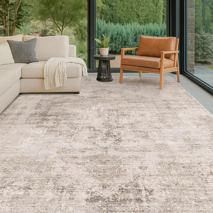Hazo Haus Neutral Farmhouse Area Rug for Bedroom - 7x9 Washable Rug for Dining Room Table, Ultra-Thin Soft Textured Boho Abstract Indoor Decor, Fade & Stain Resistant
