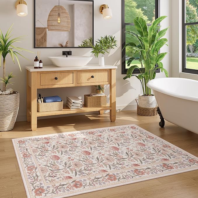 DUKINO 3x5 Rug Washable Vintage Floral Bedroom Area Rug Non Slip Beige Pink | Low Pile, Non-Shedding, Stain Resistant Boho Lightweight Soft Indoor Carpet for Bathroom Office Dining Living Room Farmhouse