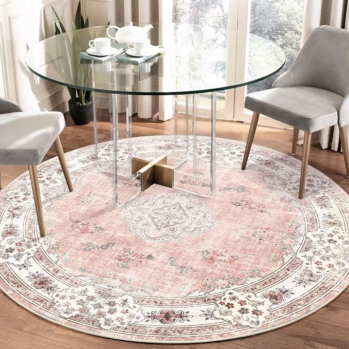 MUJOO Pink Round Rug 5ft,Circle Washable Area Rug Non Slip Low-Pile Floral | Circular Rugs for Bedroom Living Room Dining Room Bathroom Boho Throw Carpet Soft Floor Indoor Flowers Light Blush