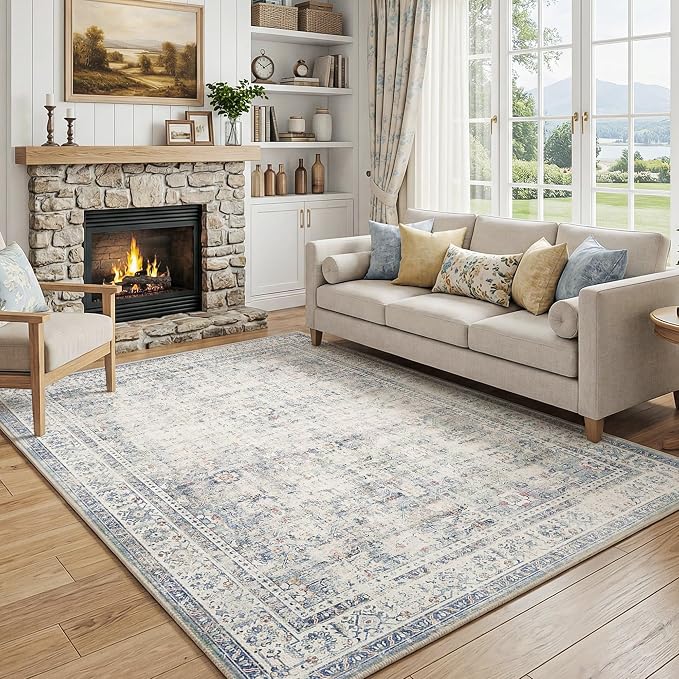 FMFUNCTEX 5x7 Washable Area Rug Blue Neutral Vintage Distressed Oriental Large Non Slip Carpet for Living Room Bedroom Traditional Retro Soft Low Pile Indoor Rugs for Dining Room Office Nursery