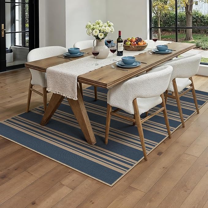 PureCozy Outdoor Rug 3x5 Washable Striped Jute Look Non Slip Carpet | Blue Stripe Farmhouse Design, Indoor Outdoor Rug for Entryway Kitchen Bathroom Bedroom, Non Shedding, Neutral Decor