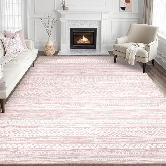 Tortania Area Rug Living Room Rugs- 8x11 Washable Large Soft Neutral Boho Moroccan Bohemian Farmhouse Rug Indoor Floor Carpet for Bedroom Under Dining Table Home Office Decor - Pink