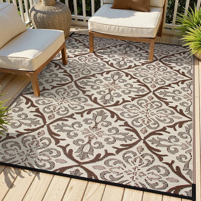 Lahome 6x9 Outdoor Rugs for Patios Waterproof, Plastic Straw Portable Reversible Rv Rug, Porch Floor Camping Carpet for Balcony Tent, Khaki 6'x9'