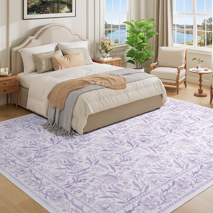DUKINO 8x10 Area Rug, Vintage Floral Washable Rugs for Living Room, Purple | Non Slip, Low Pile, Non-Shedding, Stain Resistant Boho Soft Indoor Large Carpet for Bedroom Dining Room Farmhouse, Home Decor