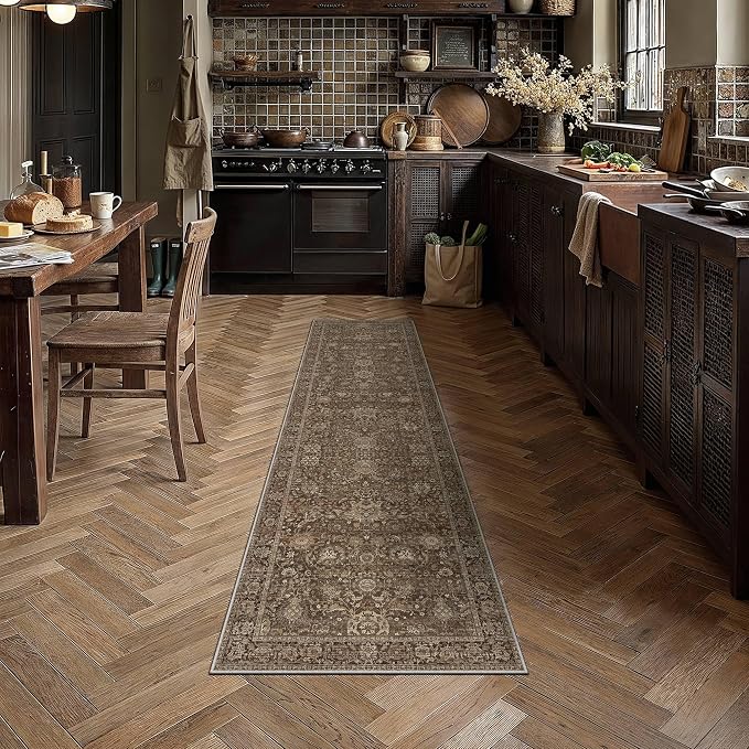 HUGEAR Hallway Runner Rugs 3x8 Brown Washable Rug Neutral Vintage Rug Carpet Distressed Soft Durable Non Slip No Shedding for Indoor Bedroom Kitchen Dining Nursery Laundry