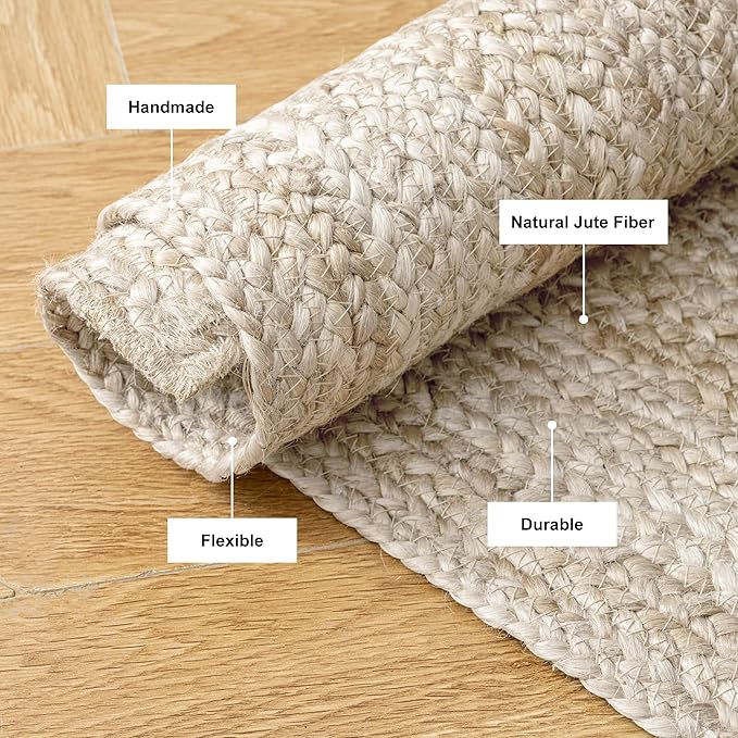 Shatex Burlap Rug 5x8ft, Handmade Braided 100% Natural Jute Rug for Bedroom & Living Room, Off-White