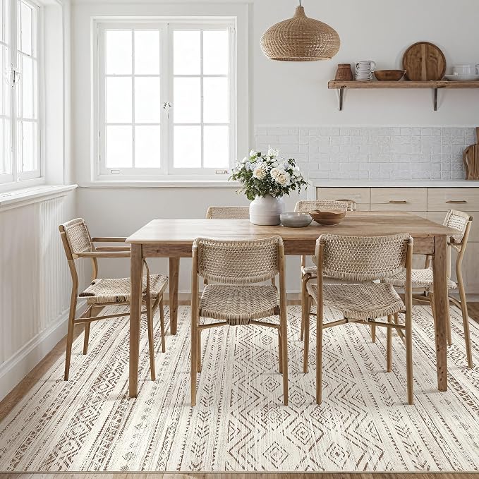 Tortania Area Rug Living Room Rugs - 6x9 Washable Large Soft Neutral Boho Moroccan Bohemian Farmhouse Rug Indoor Floor Carpet for Bedroom Under Dining Table Home Office Decor - Beige Brown