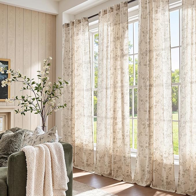 jinchan Taupe Floral Linen Curtains 96 Inch Farmhouse Back Tab 2 Panels | Taupe on beige, light filtering, farmhouse, rustic, country, flower, privacy, bedroom, living room, office, window treatment