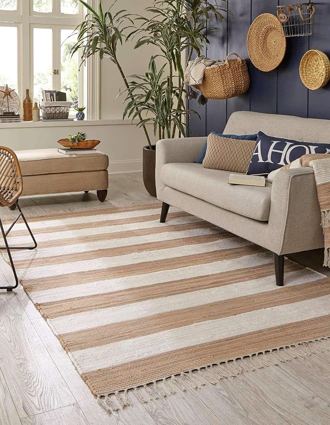 Unique Loom Chindi Rag Collection Area Rug - Striped (9'x 12' 2" Rectangle, Beige/ Ivory)