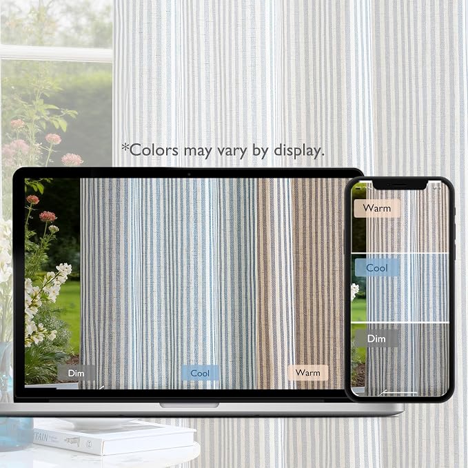Vangao Linen Striped Curtains for Living Room Bedroom Farmhouse Tickingstripe Light Filtering Window Curtains Printed Drapes Grommet Top 2 Panels Blue W50 x L84 Inch