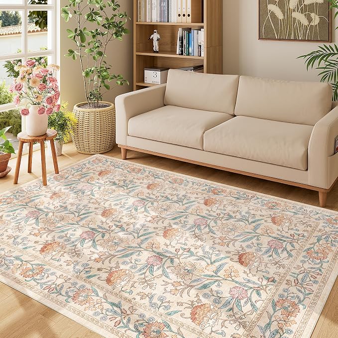 DUKINO 5x7 Area Rugs, Vintage Floral Washable Rug for Living Room, Beige | Non Slip, Low Pile, Non-Shedding, Stain Resistant Lightweight Boho Soft Carpet for Bedroom Home Office Dining Room Farmhouse