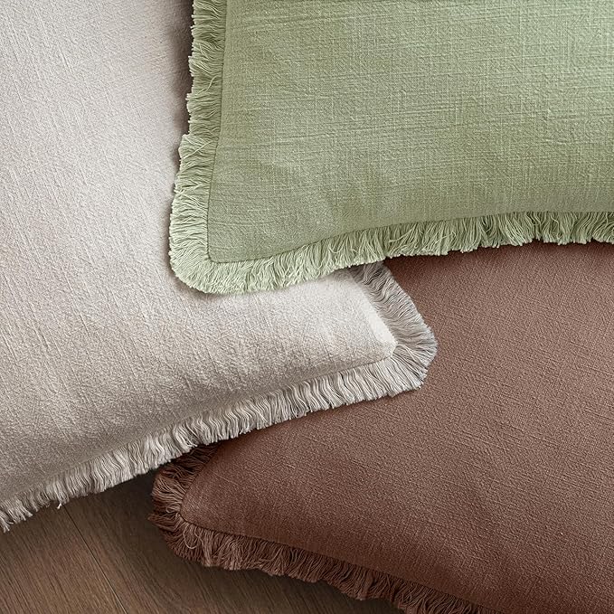 MIULEE Decorative Throw Pillow Covers Neutral Linen Fringe Throw Pillows Euro Shams Set of 2 Dark Coffee Boho Farmhouse Cushion Covers for Couch Sofa Bed Living Room Fall Home Decor 24x24 Inch
