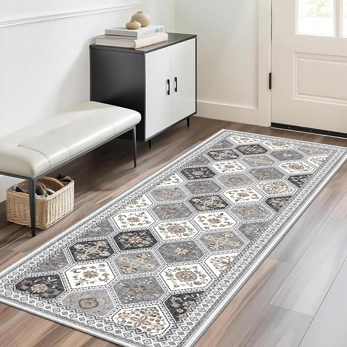 2x6 Runner Rug, Soft Non-Slip Boho Moroccan Rug, Gray/Gold | Low-Pile Printed Indoor Runners for Entryway, Hallways, Kitchen, Laundry Room, Bedside