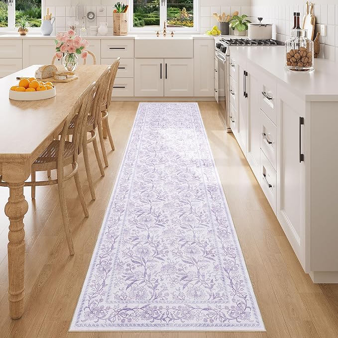 DUKINO 2.6x8 Runner Rug, Washable Vintage Floral Kitchen Runners Rug Purple | Non Slip, Low Pile, Non-Shedding Soft Carpet for Hallway Bathroom Laundry Entryway Bedroom Farmhouse, Kids and Pets Friendly