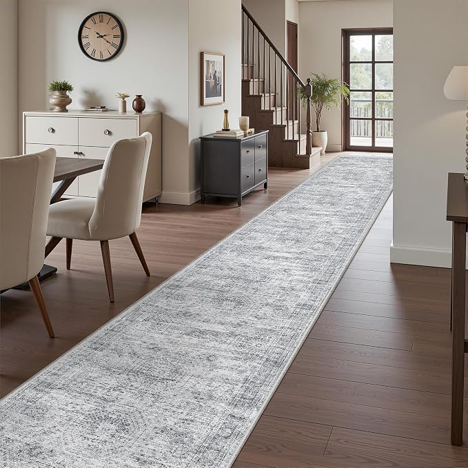 2'6 x 14' Runner Rug Non Slip,Washable Kitchen Rugs,Grey | 14 ft Runner Rug for Hallway,Entryway,Bedroom,Living Room,Thin,Soft, Extra Long Rug,Stain Resistant Indoor Carpet