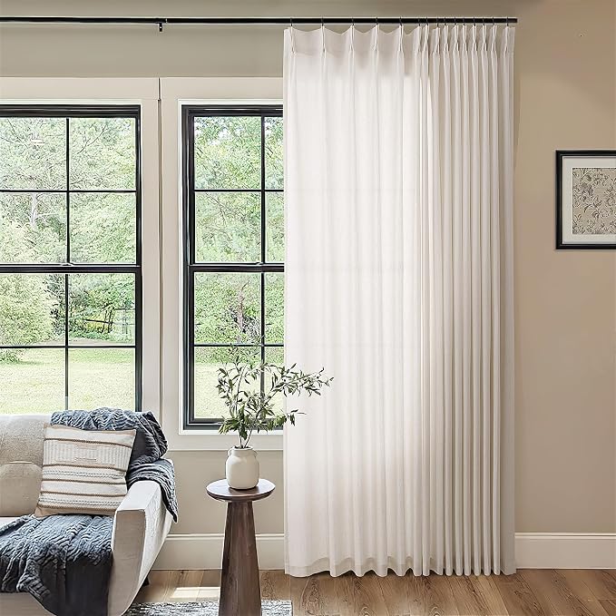 Linen Sheer Pleated Curtains 108 Inches Long 100 Inch Width Cream | Ivory, Neutral, Extra Wide, 100x108 Drapes Panels, for Living Room Patio Sliding Door, Light Filtering Curtain, 1 Panel