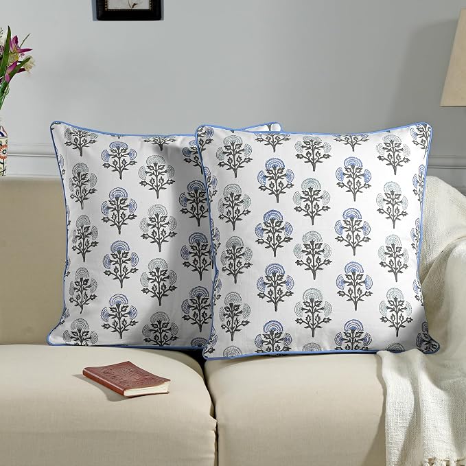 Ridhi Block Print Mughal Buta Blue Pillow Cover 16" x 16" (Pack of 2) Decorative Couch Pillows for Living Room, Farmhouse Chic Boho Cute Outdoor Pillows Covers Gifts for Spring, Mother's Day
