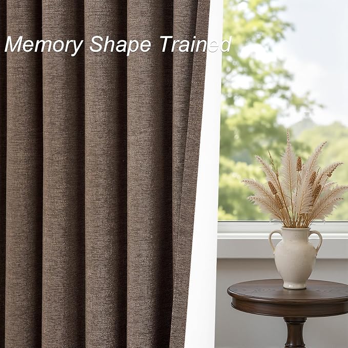 Topfinel 92 Inch Linen Blackout Curtains for Bedroom Living Room 2 Panels Memory Trained 100% Black Out Soundproof Room Darkening Back Tab Window Curtains Dark Brown