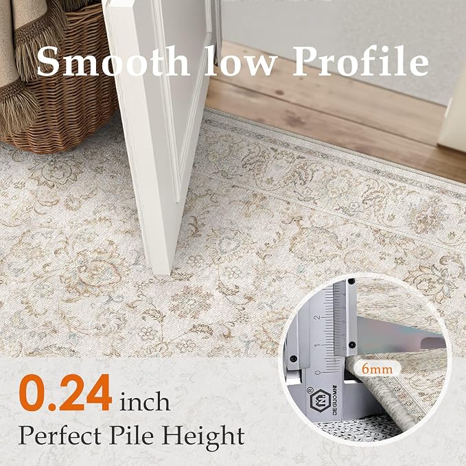 HUGEAR 2x8 Machine Washable Hallway Runner Rugs Vintage Grey - Neutral Non Slip Stain Resistant Low Pile Aesthetic Throw Carpet Kids & Pet Friendly for Bedroom Kitchen Entryway