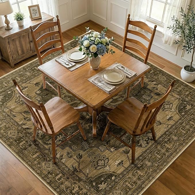 RELEANY Area Rugs Square 7ft Washable Non-Slip, Floral Vintage Distress Medallion Carpet for Living Room Bedroom Dining Room, Brown Dark Brown