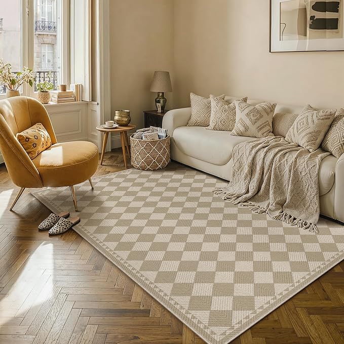 HUGEAR 6x9 Outdoor Rug Brown/Beige Linen-Look Fabric Checkered Area Rug High Traffic Stain Resistant Easy Clean Durable Rugs for Indoor/Outdoor Patio Deck Balcony Porch Garden Courtyard