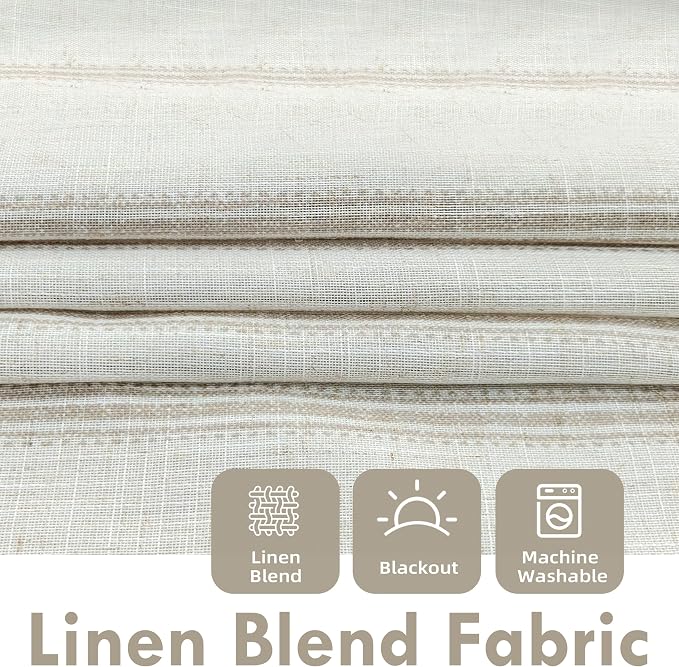 DriftAway Farmhouse Linen Stripe Blackout Curtains, Grommet, W52xL96, Beige | Blackout, Linen Texture, Stripe Pattern, Rod Pocket & Back Tab, Two Layers, Bedroom Living Room Use, Sound Reducing Design