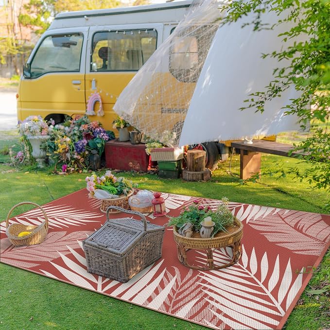 GENIMO Outdoor Rug, Waterproof Plastic Rugs for Patio, 6'x9' Brick Red | Outside Larger Leaf Carpet Mat for Porch Decor, Deck, Balcony, Camping, RV, Backyard, Picnic, Beach, Reversible, Foldable