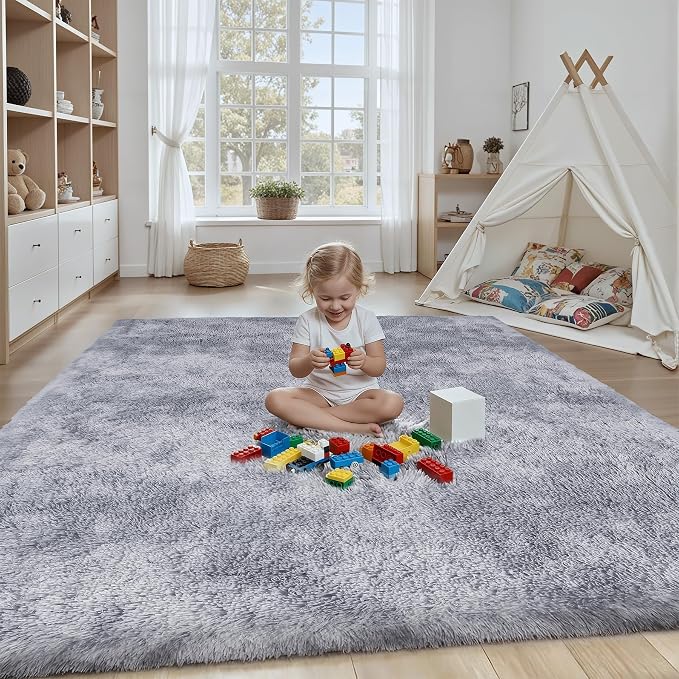 Area Rug for Living Room Bedroom: 6x9 Light Grey Soft Fluffy Shag Upgrade Non-Slip High Pile Carpet Large Fuzzy Plush Indoor Floor Decor Shaggy Rug for Kid Boys Girls Playroom Nursery Modern Home